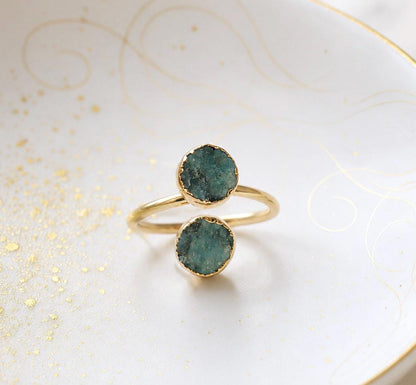Raw Emerald Open Wrap Ring – Adjustable Gold Ring with Double Green Gemstones – May Birthstone Jewelry