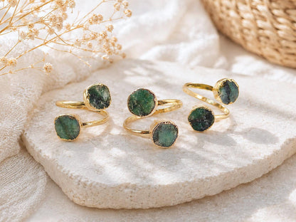Raw Emerald Open Wrap Ring – Adjustable Gold Ring with Double Green Gemstones – May Birthstone Jewelry