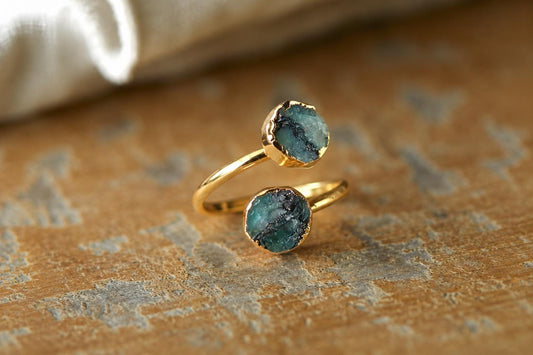 Raw Emerald Open Wrap Ring – Adjustable Gold Ring with Double Green Gemstones – May Birthstone Jewelry