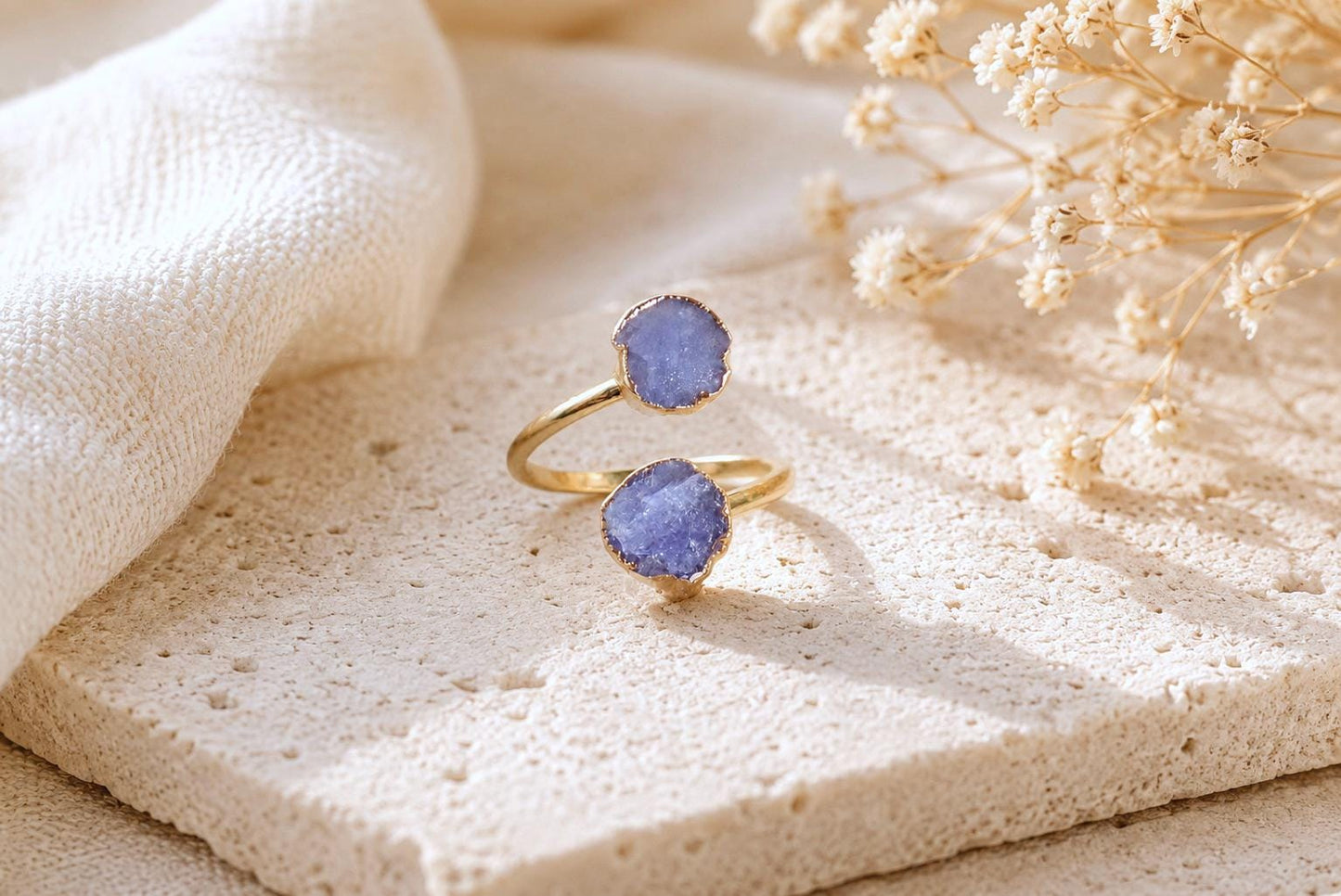 Raw Tanzanite Open Wrap Ring – Adjustable Gold Ring with Double Blue Gemstones – December Birthstone Jewelry