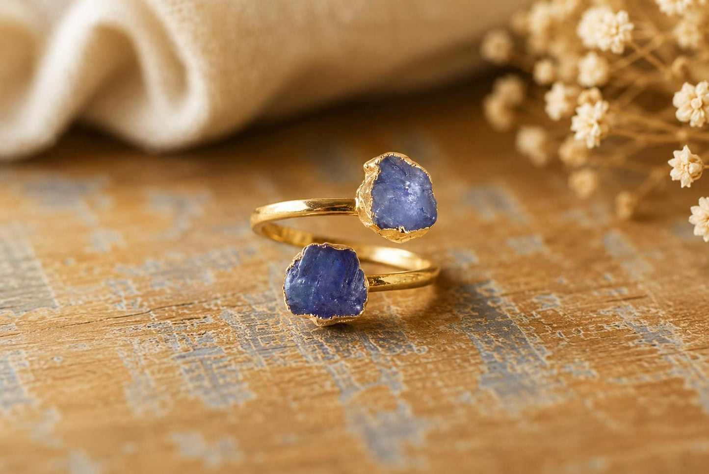 Raw Tanzanite Open Wrap Ring – Adjustable Gold Ring with Double Blue Gemstones – December Birthstone Jewelry