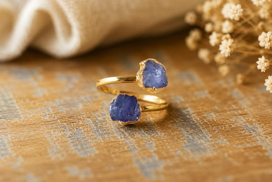 Raw Tanzanite Open Wrap Ring – Adjustable Gold Ring with Double Blue Gemstones – December Birthstone Jewelry