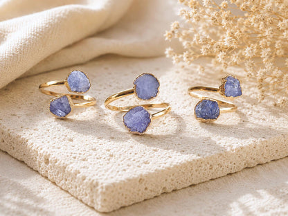 Raw Tanzanite Open Wrap Ring – Adjustable Gold Ring with Double Blue Gemstones – December Birthstone Jewelry