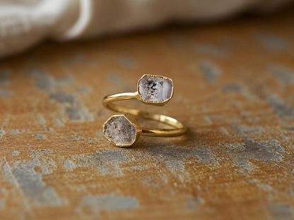Raw Herkimer Diamond Open Wrap Ring – Adjustable Gold Ring with Double Crystals – April Birthstone Jewelry