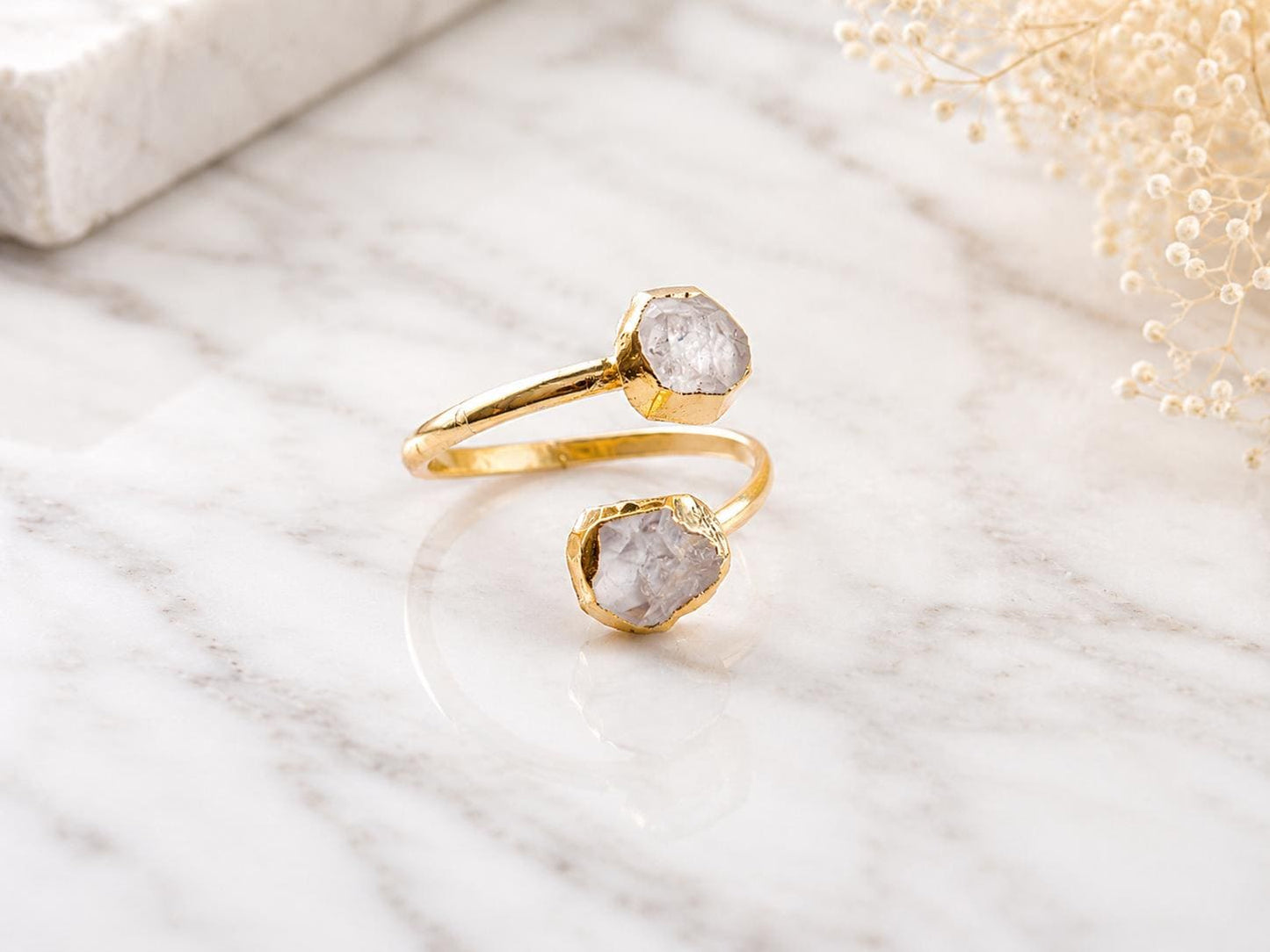 Raw Herkimer Diamond Open Wrap Ring – Adjustable Gold Ring with Double Crystals – April Birthstone Jewelry