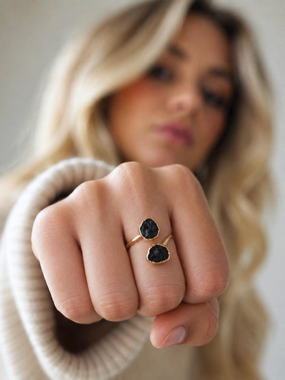 Raw Black Tourmaline Open Wrap Ring – Adjustable Gold Ring with Double Black Gemstones – October Birthstone Jewelry