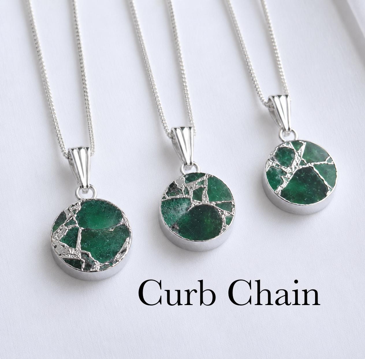 Emerald  Jade Necklace Silver, Green Crystal Coin Pendant, Mojave Gemstone Necklace, May Birthstone Gift for Her