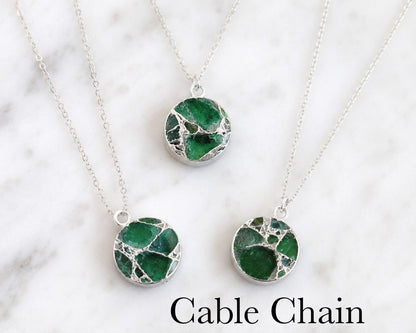 Emerald  Jade Necklace Silver, Green Crystal Coin Pendant, Mojave Gemstone Necklace, May Birthstone Gift for Her