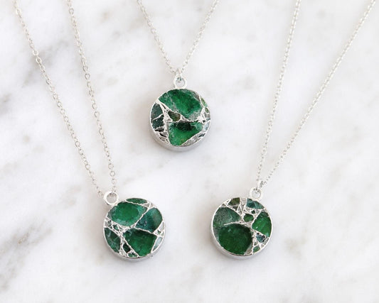 Emerald  Jade Necklace Silver, Green Crystal Coin Pendant, Mojave Gemstone Necklace, May Birthstone Gift for Her