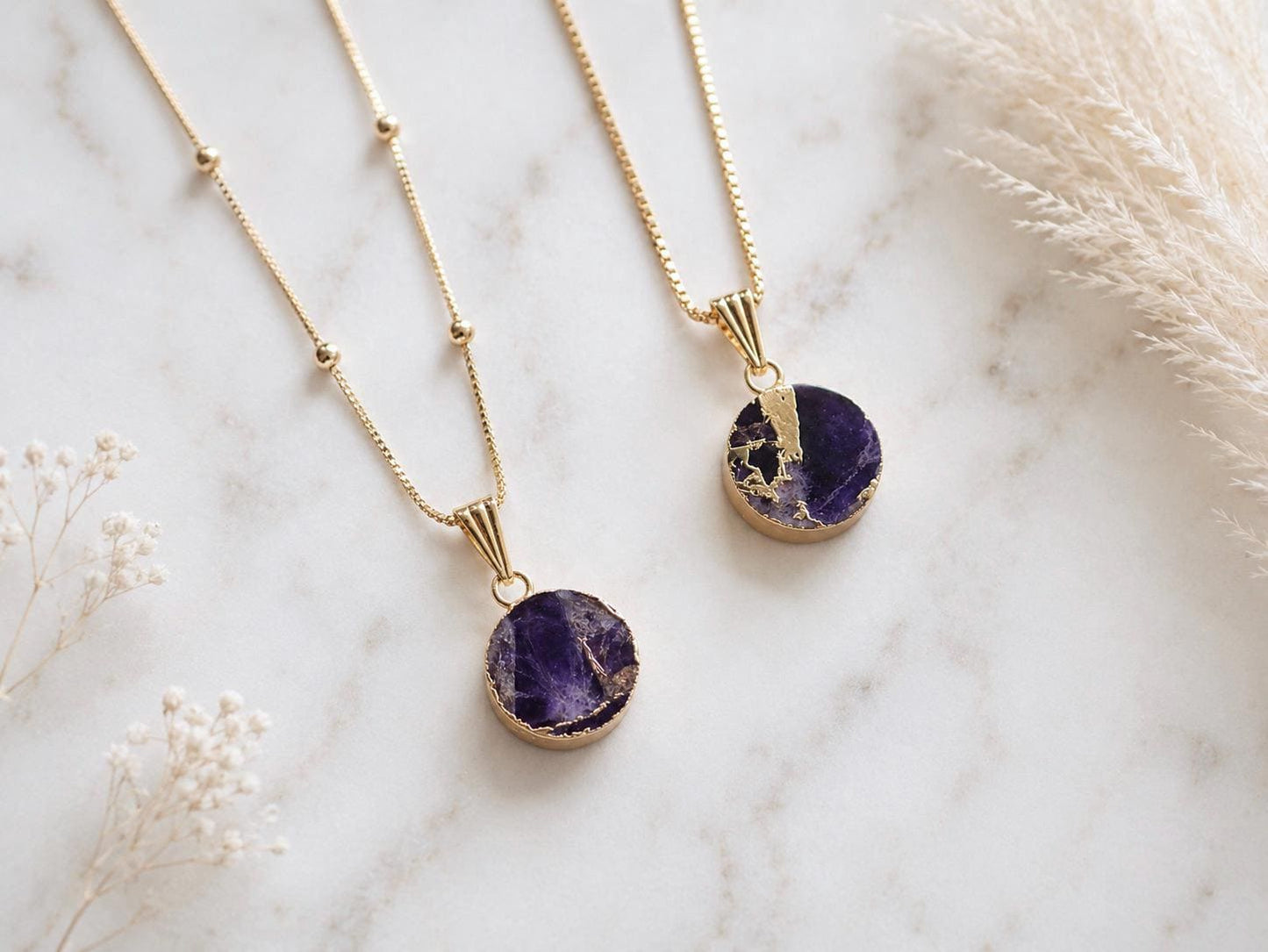 Amethyst Birthstone Necklace Gold, Purple Gemstone Coin Pendant, February Birthstone Gift