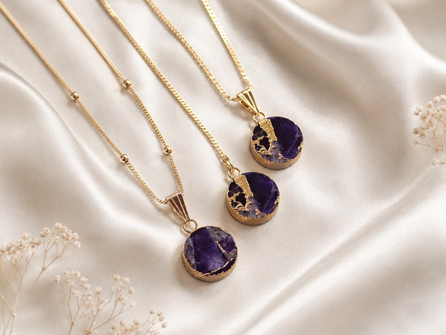 Amethyst Birthstone Necklace Gold, Purple Gemstone Coin Pendant, February Birthstone Gift