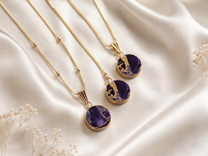 Amethyst Birthstone Necklace Gold, Purple Gemstone Coin Pendant, February Birthstone Gift
