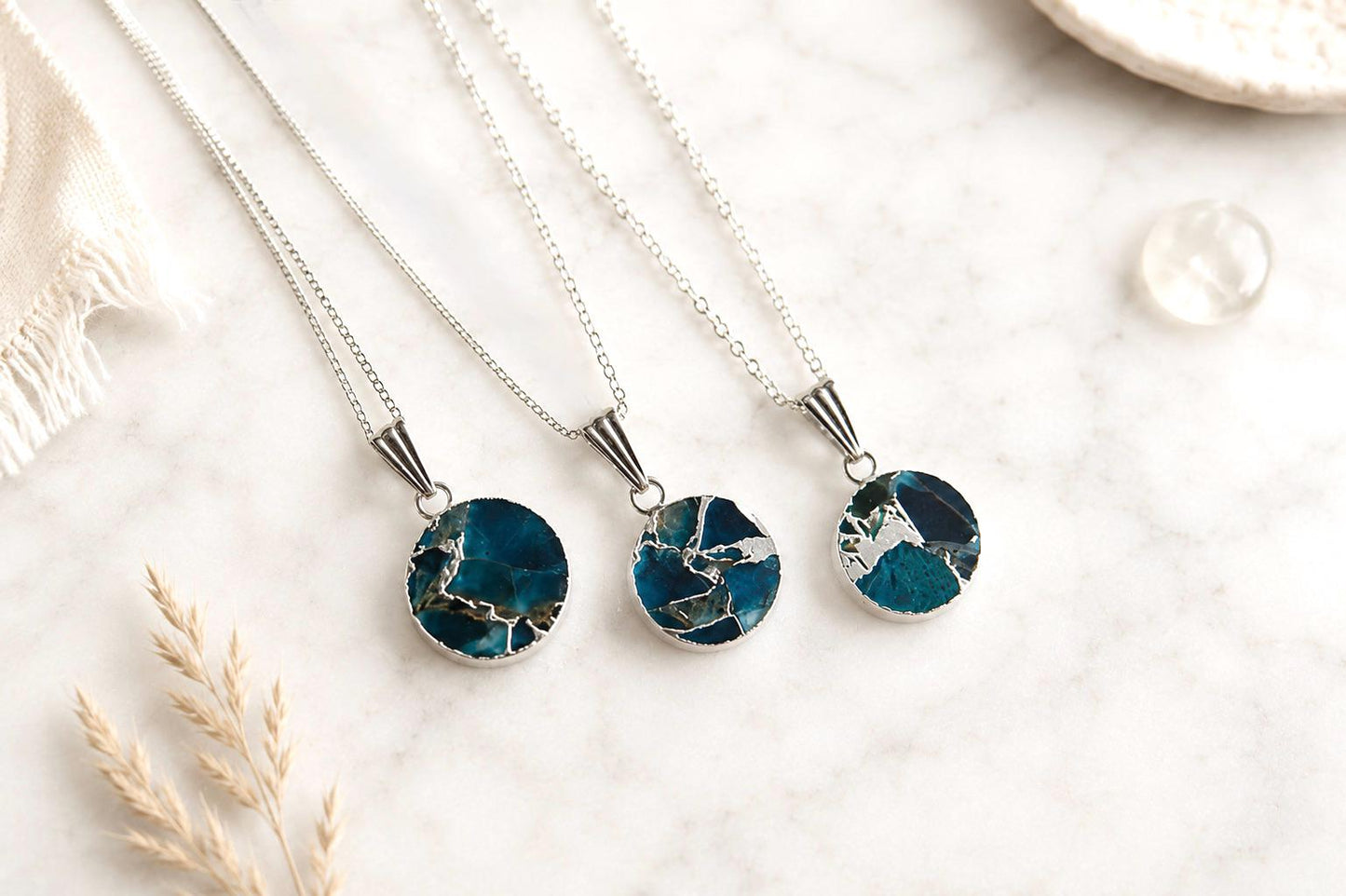 Teal Gemstone Kintsugi Necklace Gold, Round Stone Coin Pendant, Ocean Blue Jewelry
