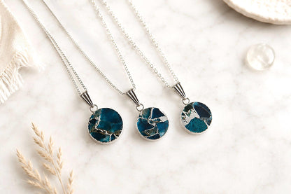 Teal Gemstone Kintsugi Necklace Gold, Round Stone Coin Pendant, Ocean Blue Jewelry