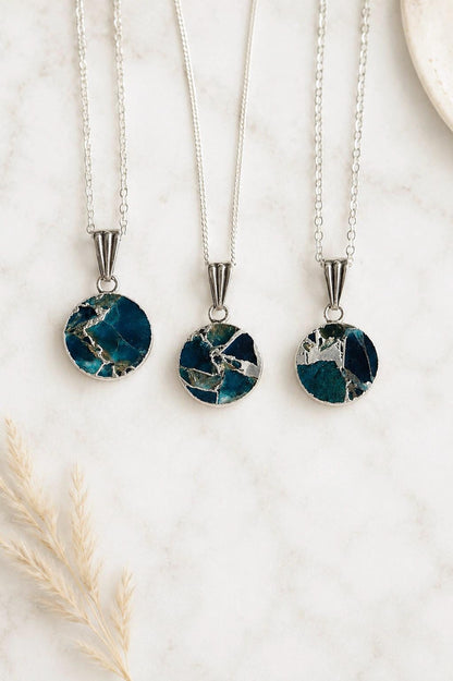 Teal Gemstone Kintsugi Necklace Gold, Round Stone Coin Pendant, Ocean Blue Jewelry