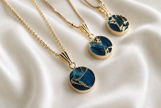 Teal Gemstone Kintsugi Necklace Gold, Round Stone Coin Pendant, Ocean Blue Jewelry