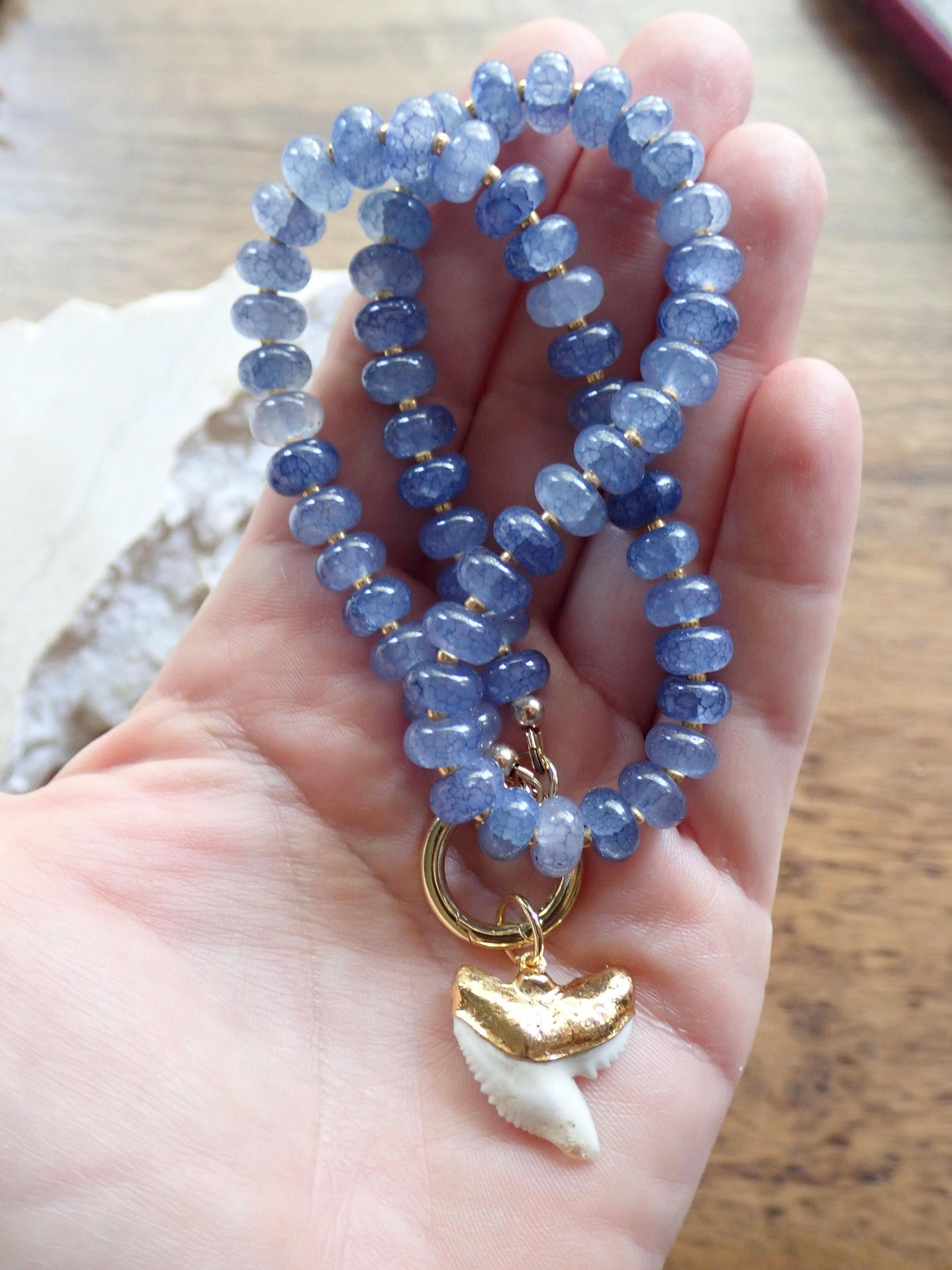 Blue Beaded Charm Holder Necklace, Shark Tooth Necklace, Front Clasp Necklace, Coastal Summer Jewelry, Beach Necklace, Ocean Inspired Gift