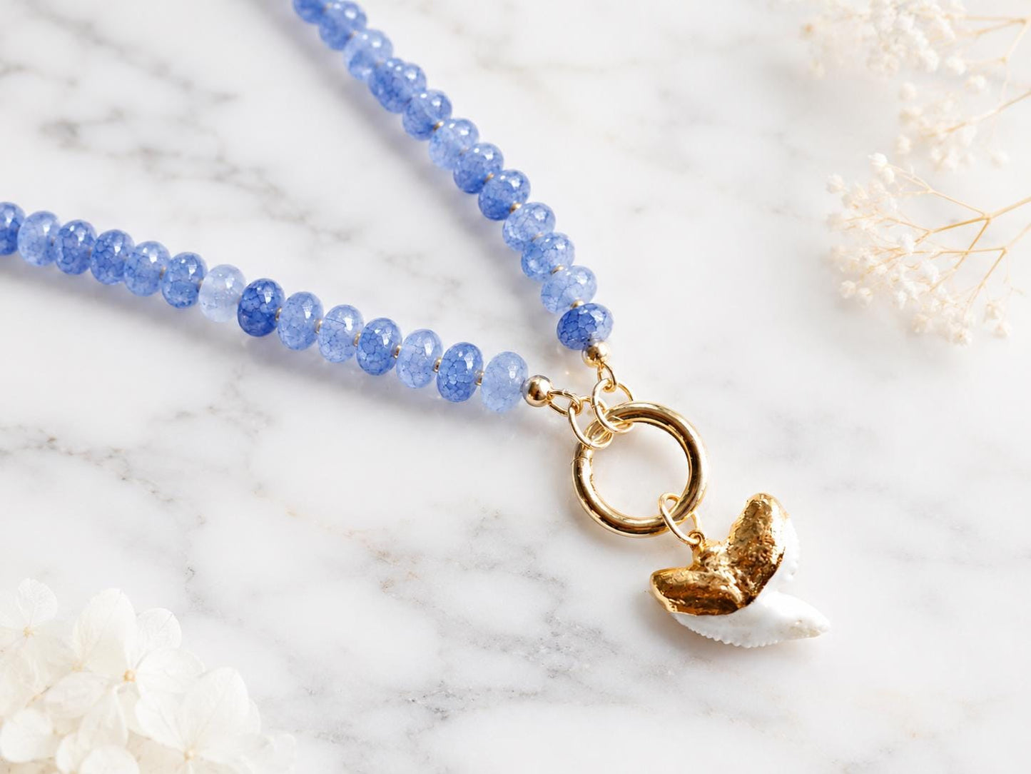 Blue Beaded Charm Holder Necklace, Shark Tooth Necklace, Front Clasp Necklace, Coastal Summer Jewelry, Beach Necklace, Ocean Inspired Gift