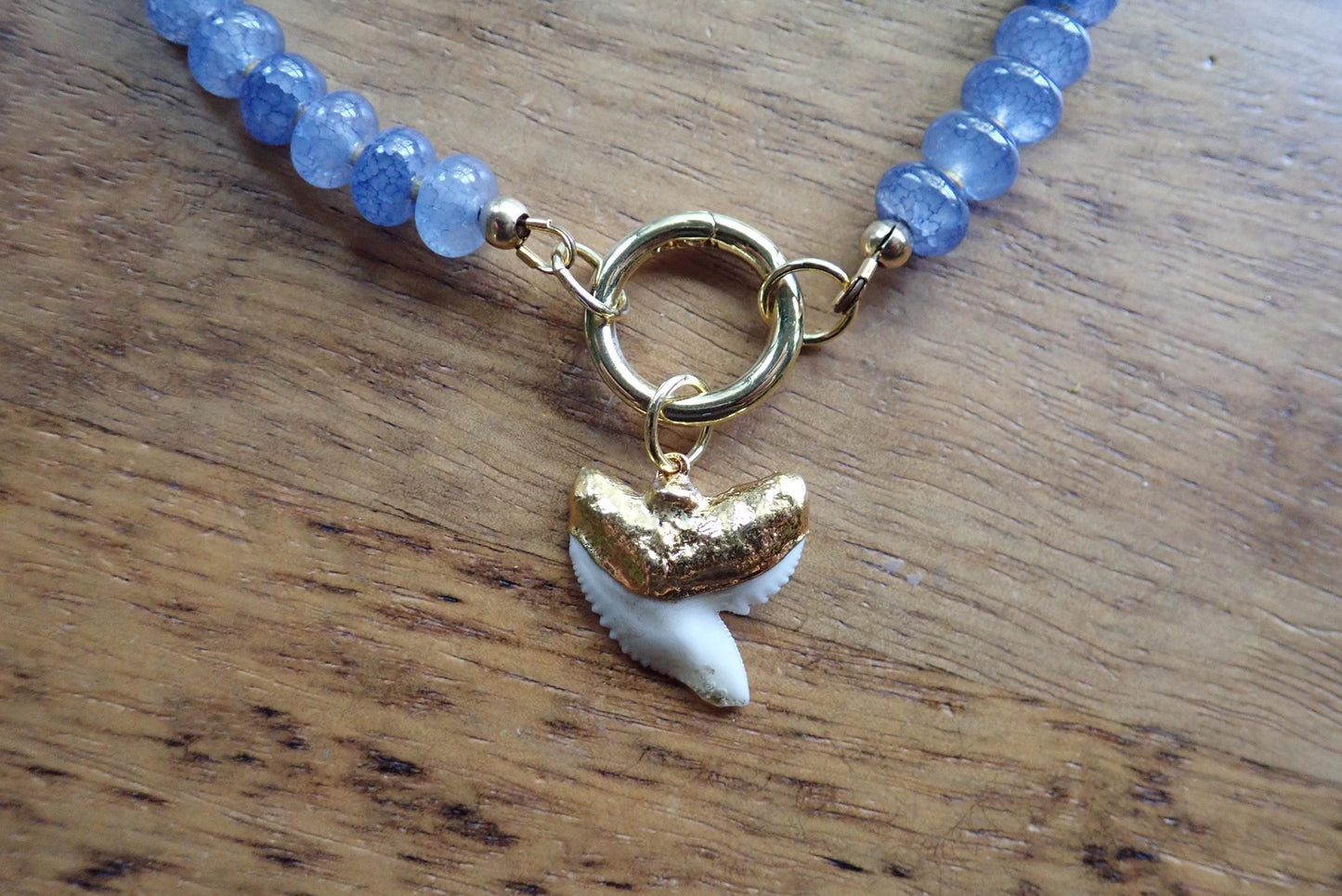 Blue Beaded Charm Holder Necklace, Shark Tooth Necklace, Front Clasp Necklace, Coastal Summer Jewelry, Beach Necklace, Ocean Inspired Gift