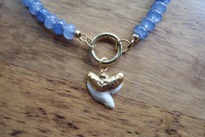 Blue Beaded Charm Holder Necklace, Shark Tooth Necklace, Front Clasp Necklace, Coastal Summer Jewelry, Beach Necklace, Ocean Inspired Gift