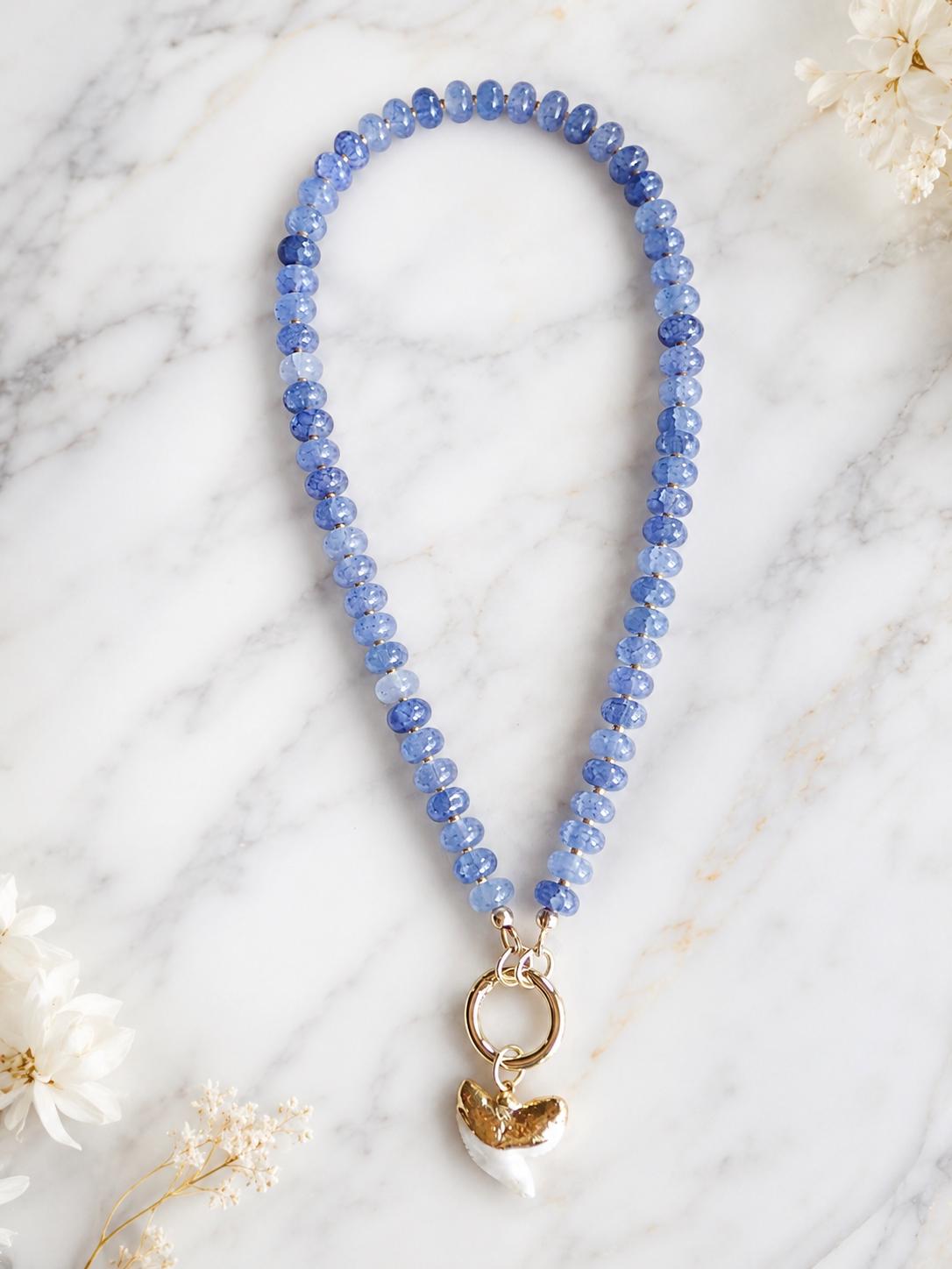 Blue Beaded Charm Holder Necklace, Shark Tooth Necklace, Front Clasp Necklace, Coastal Summer Jewelry, Beach Necklace, Ocean Inspired Gift