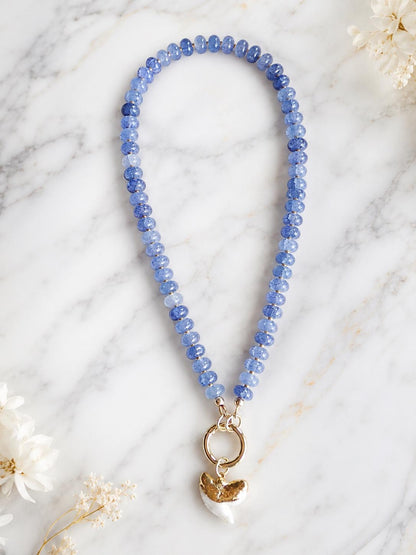 Blue Beaded Charm Holder Necklace, Shark Tooth Necklace, Front Clasp Necklace, Coastal Summer Jewelry, Beach Necklace, Ocean Inspired Gift