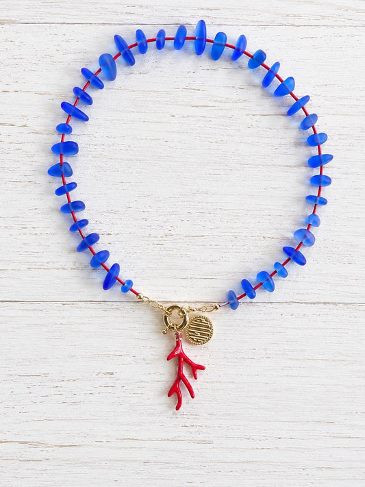 Coastal Blue Sea Glass Charm Holder Necklace, Front Clasp Beaded Necklace, Branch Coral Charm, Colorful Summer Jewelry