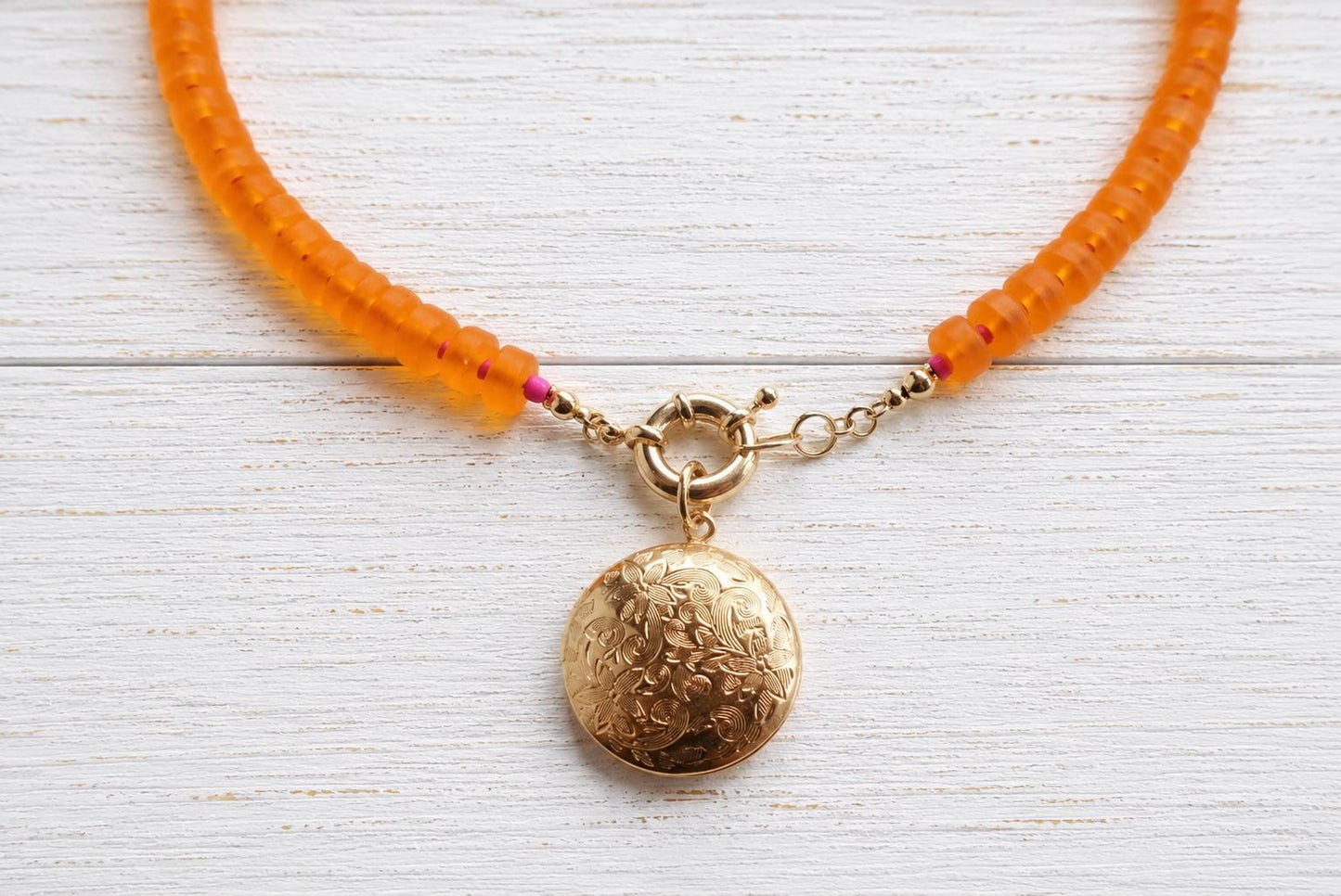 Beaded Gold Locket Necklace, Front Clasp Charm Holder Necklace, Colorful Orange Sea Glass Necklace, Photo Locket Gift for Her