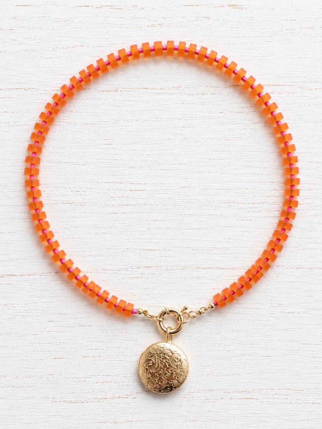 Beaded Gold Locket Necklace, Front Clasp Charm Holder Necklace, Colorful Orange Sea Glass Necklace, Photo Locket Gift for Her