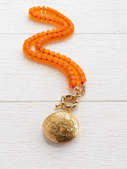 Beaded Gold Locket Necklace, Front Clasp Charm Holder Necklace, Colorful Orange Sea Glass Necklace, Photo Locket Gift for Her