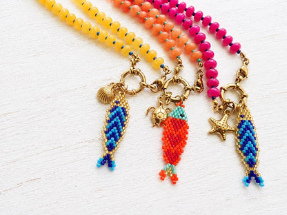 Colorful Beaded Charm Necklace | Front Clasp Candy Necklace | Dopamine Necklace | Interchangeable Charm Jewelry | Coastal Beach Jewelry