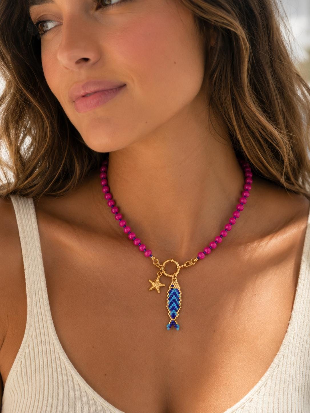 Colorful Beaded Charm Necklace | Front Clasp Candy Necklace | Dopamine Necklace | Interchangeable Charm Jewelry | Coastal Beach Jewelry