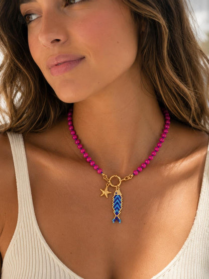 Colorful Beaded Charm Necklace | Front Clasp Candy Necklace | Dopamine Necklace | Interchangeable Charm Jewelry | Coastal Beach Jewelry