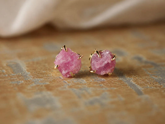 Raw Ruby Stud Earrings | July Birthstone Gift | Natural Pink Gemstone Post Earrings