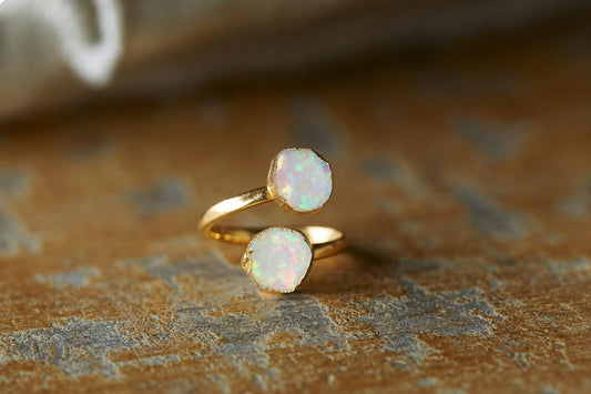 Raw Opal Adjustable Ring – 14k Gold Open Wrap Gemstone Ring | October Birthstone Jewelry | Double Opal Ring ,Gift for Her