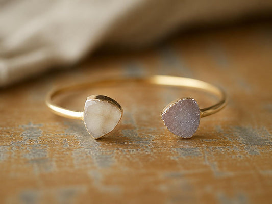 Druzy Cuff Bracelet | Adjustable Gold Gemstone Bracelet | Natural Crystal Open Cuff | Minimalist Gemstone Jewelry | Gift for Her