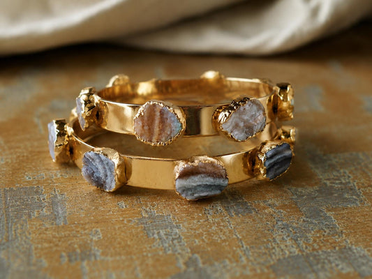 Druzy Cuff Bracelet Gold | Multi Stone Cuff Bracelet | Natural Gemstone Bangle | Boho Raw Crystal Jewelry | Statement Stacking Bracelet