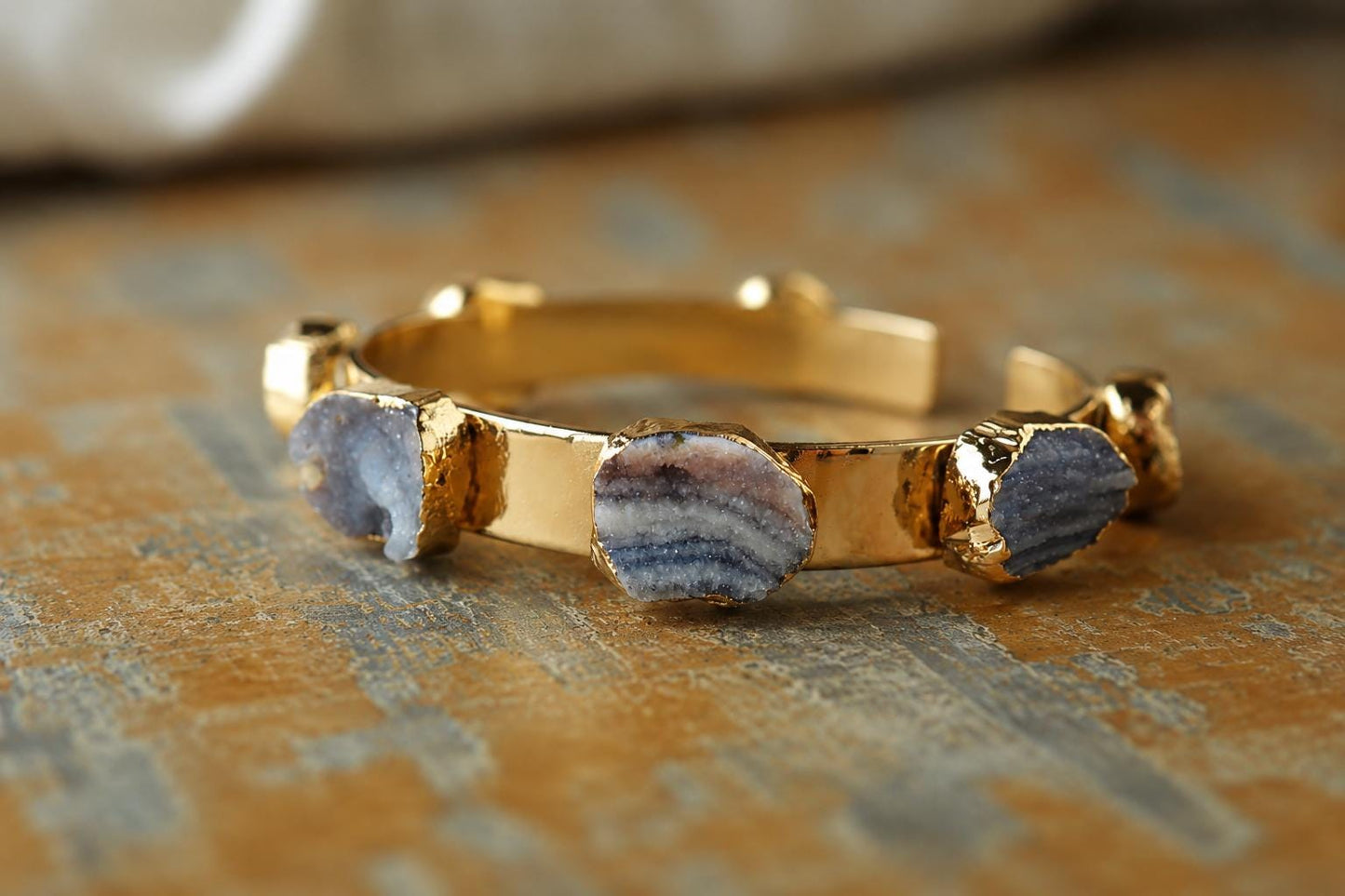 Druzy Cuff Bracelet Gold | Multi Stone Cuff Bracelet | Natural Gemstone Bangle | Boho Raw Crystal Jewelry | Statement Stacking Bracelet