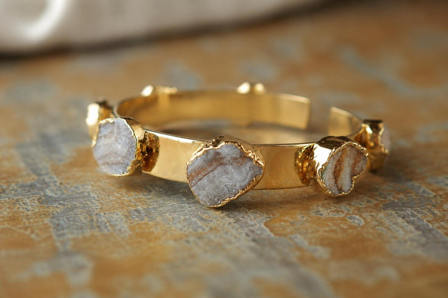 Druzy Cuff Bracelet Gold | Multi Stone Cuff Bracelet | Natural Gemstone Bangle | Boho Raw Crystal Jewelry | Statement Stacking Bracelet