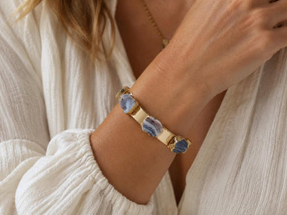 Druzy Cuff Bracelet Gold | Multi Stone Cuff Bracelet | Natural Gemstone Bangle | Boho Raw Crystal Jewelry | Statement Stacking Bracelet