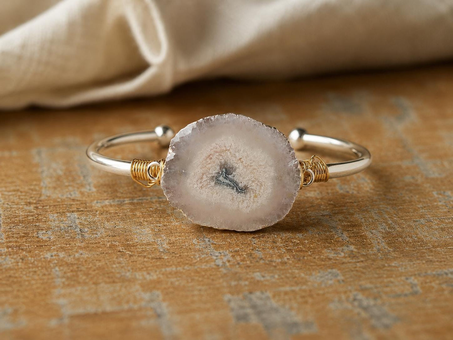Solar Quartz Slice Open Cuff Bracelet | Gold Gemstone Bracelet | Natural Crystal Jewelry | Boho Statement Bracelet | Gift for Her