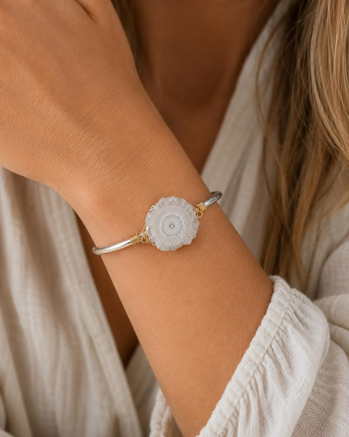 Solar Quartz Slice Open Cuff Bracelet | Gold Gemstone Bracelet | Natural Crystal Jewelry | Boho Statement Bracelet | Gift for Her