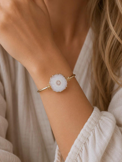 Solar Quartz Slice Open Cuff Bracelet | Gold Gemstone Bracelet | Natural Crystal Jewelry | Boho Statement Bracelet | Gift for Her