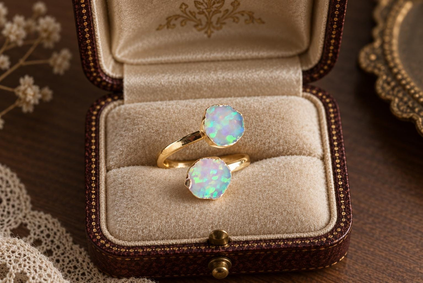 Raw Opal Adjustable Ring – 14k Gold Open Wrap Gemstone Ring | October Birthstone Jewelry | Double Opal Ring ,Gift for Her