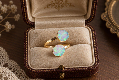 Raw Opal Adjustable Ring – 14k Gold Open Wrap Gemstone Ring | October Birthstone Jewelry | Double Opal Ring ,Gift for Her