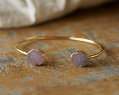Druzy Cuff Bracelet | Adjustable Gold Gemstone Bracelet | Natural Crystal Open Cuff | Minimalist Gemstone Jewelry | Gift for Her