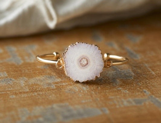 Solar Quartz Slice Open Cuff Bracelet | Gold Gemstone Bracelet | Natural Crystal Jewelry | Boho Statement Bracelet | Gift for Her