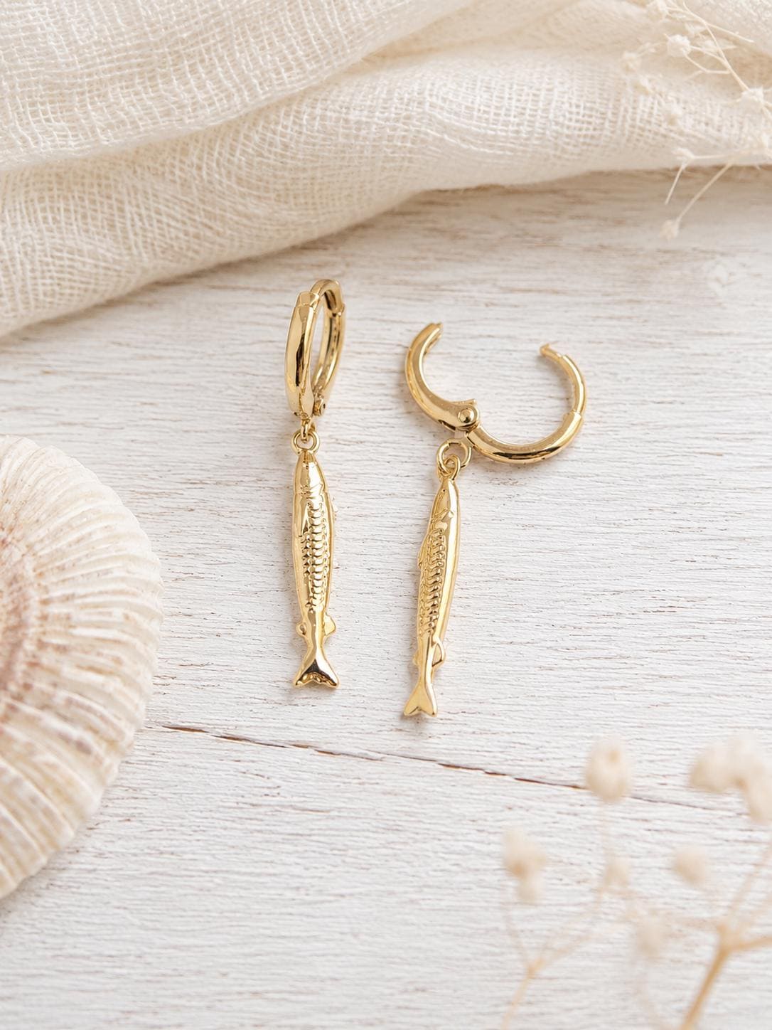 Gold Fill Sardine Earrings, Fish Dangle Earrings, Huggie Hoop Fish Charm Earrings