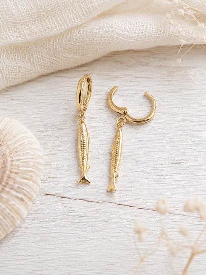 Gold Fill Sardine Earrings, Fish Dangle Earrings, Huggie Hoop Fish Charm Earrings