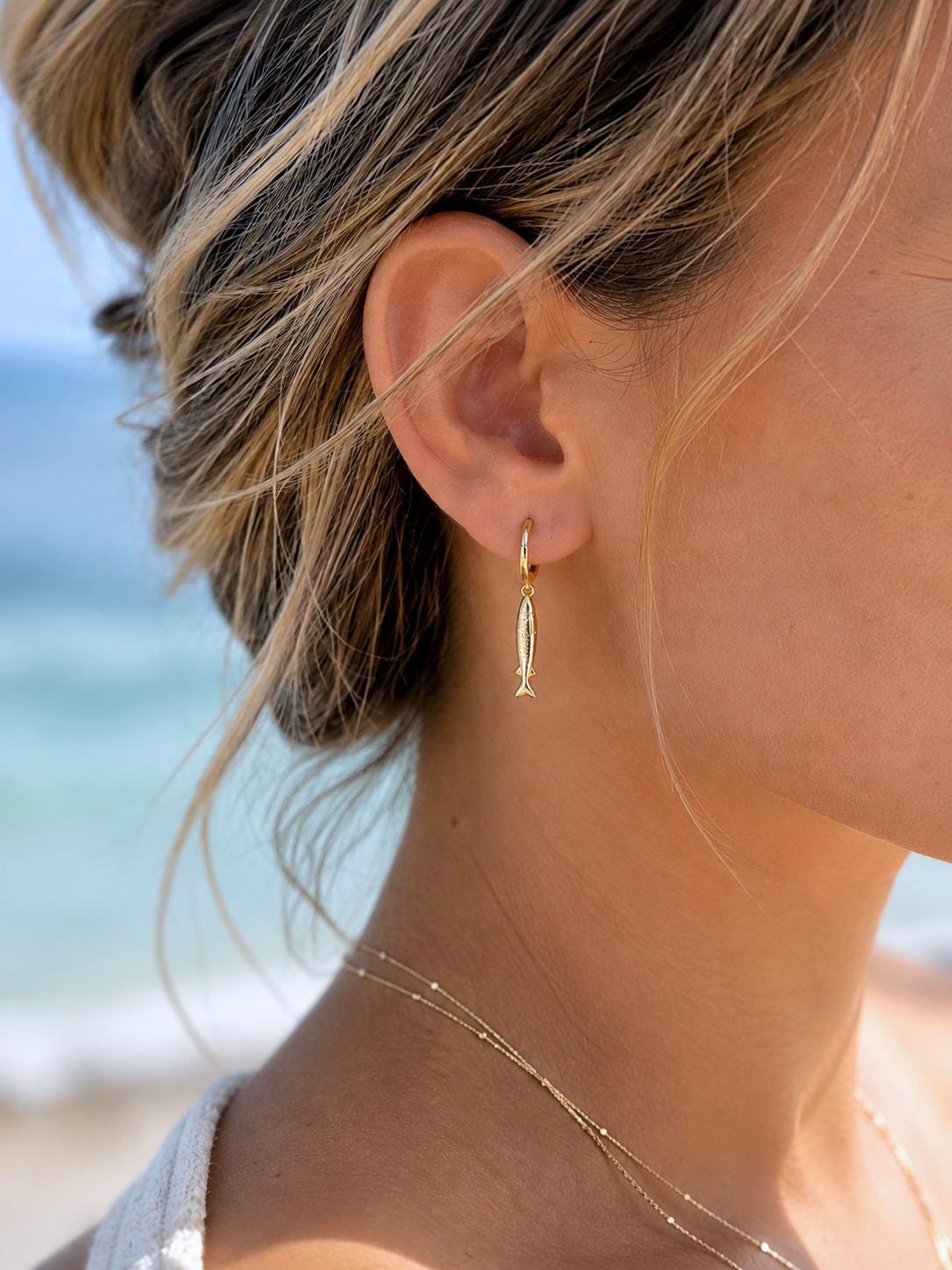 Gold Fill Sardine Earrings, Fish Dangle Earrings, Huggie Hoop Fish Charm Earrings